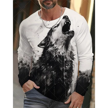 Летняя мужская футболка с круглым вырезом и рисунком волка, Повседневный пуловер Оверсайз с длинным рукавом, модные топы, Трендовая мужская одежда  4