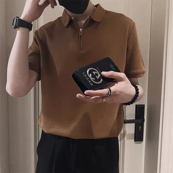 Летняя однотонная мужская толстовка-поло с коротким рукавом, универсальная, модная простая футболка оверсайз офисного делового коричневого цвета  5