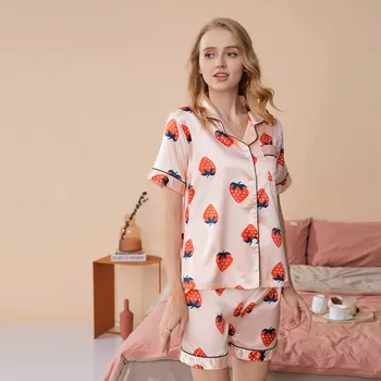 Летняя пижама ice silk с коротким рукавом, тонкая женская одежда для сна из двух частей, сексуальная милая домашняя одежда из искусственного шелка  5