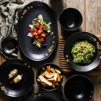 ЛингАо Японская винтажная керамическая обеденная тарелка, миска для супа, миска для супа, кружка, салатница, тисненая золотом посуда в цвет вишни  5
