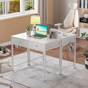 Маленький компьютерный стол Furologee White с 2 тканевыми выдвижными ящиками, Простой письменный стол для домашнего офиса, Туалетный столик для макияжа с туалетным столиком  5