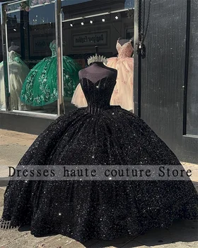 Мексиканское пышное платье с черными блестками, бальное платье 2024, милое платье 16, платье для дня рождения, платье на шнуровке, Vestido De 15 Anos  4