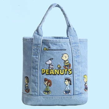 Милая сумочка Snoopy, Джинсовая сумочка с вышивкой, сумка для бенто Большой емкости, Портативная сумка для покупок, высококачественная сумочка для ланча-бокса  4