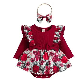 Милое платье-ползунки для маленькой девочки, комбинезон с цветочным принтом, манжеты, одежда для фотосъемки новорожденных 0-24 м  5