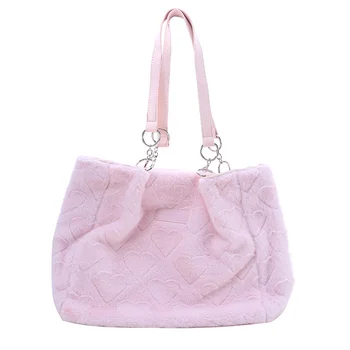 Милые пушистые женские повседневные сумки-тоут Love Heart, милые женские сумки через плечо и подмышки, однотонные модные женские плюшевые сумки  5