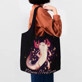 Многоразовая Рождественская хозяйственная сумка из аксолотля, женская холщовая сумка-тоут, прочная Саламандра, сумки для покупок с животными  10