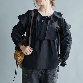 Мода в японском стиле, воротник Питер Пэн, оборки, шикарная осенняя блузка для милых девушек, рубашки, Черно-белые Женские повседневные весенние блузки  3