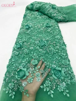 Модная Французская сетка, 3D Цветы, вышивка бисером, кружевная ткань с блестками, Африканская Нигерийская ткань для свадебного платья  4