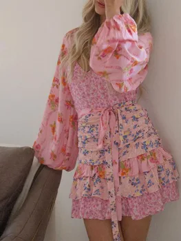 Модное женское мини-платье с цветочным рисунком, длинный рукав, V-образный вырез, короткое облегающее платье с рюшами, осенняя повседневная клубная уличная одежда  2