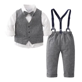 Модные Комплекты детской одежды для мальчиков, костюм джентльмена, Белая рубашка с длинным рукавом и бабочкой + комбинезон, одежда из 3 предметов, Смокинг  4