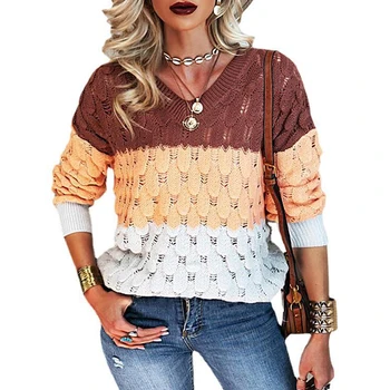 Модные свитера контрастных цветов, женские пуловеры, осенне-зимние вязаные топы с длинными рукавами и V-образным вырезом, свободная повседневная одежда 28048  5