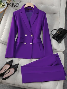 Модный M-8XL Офисный Женский Формальный Брючный костюм, Комплект, Женская Серая Фиолетовая Женская Деловая Рабочая Одежда, Блейзер Из 2 Частей, Куртка И Брюки  0