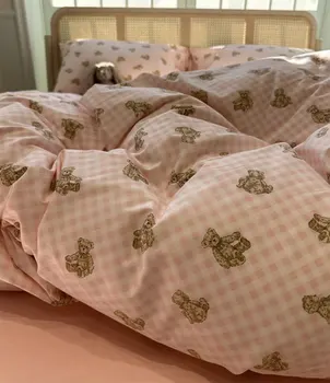 Модный комплект постельного белья в розовую клетку с милым мультяшным мишкой, twin full queen, прекрасный хлопковый домашний текстиль, простыня, наволочка, пододеяльник  3