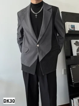 Модный мужской костюм с тканевыми вставками Модный корейский блейзер Оригинальный стильный комплект пиджаков высокого качества  0