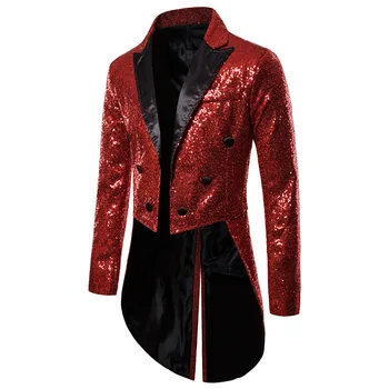Модный мужской роскошный костюм с блестками Черный / красный / Серебристый Мужской деловой Свадебный пиджак Двубортный смокинг Платье Блейзер  5