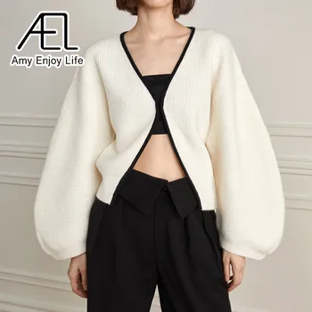 Модный Элегантный свитер с рукавами-фонариками и V-образным вырезом, пальто для женщин, 2023, новый нишевый вязаный кардиган, пальто для женщин.  4