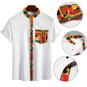 Мужская белая рубашка с коротким рукавом в цветочек, рубашка-стойка с этническим винтажным принтом, свободная уличная рубашка на пуговицах, Африканская одежда  10