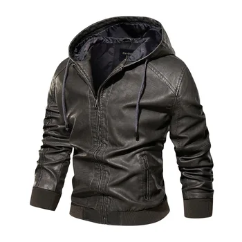 Мужская повседневная модная приталенная куртка из искусственной кожи с капюшоном, однотонная кожаная куртка, ветрозащитная мотоциклетная куртка, мужская  3
