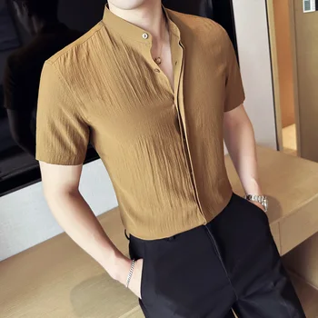 Мужская рубашка из 3D плиссированной ткани, Летние Тонкие повседневные рубашки с коротким рукавом, Высококачественная деловая рубашка со стоячим воротником 2023  10