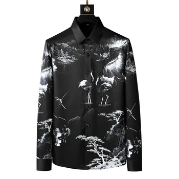 Мужская рубашка с принтом тушью в китайском стиле, осень 2023, Приталенная модная повседневная рубашка, высококачественная Социальная деловая блузка  4
