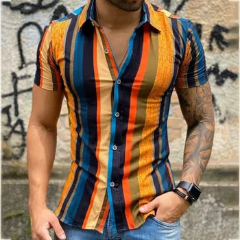 Мужская стильная блузка на пуговицах, летние повседневные топы, модные мужские рубашки в цветную полоску, модные мужские рубашки с коротким рукавом  5