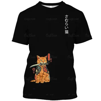 Мужская футболка с аниме-котом, топы с короткими рукавами с 3D принтом, черная уличная одежда большого размера, японские футболки, повседневная мужская одежда  4