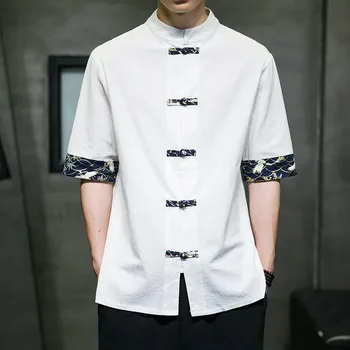 Мужская японская рубашка-кимоно, китайские повседневные хлопковые льняные топы с короткими рукавами и принтом, летняя мужская уличная одежда высшего качества  5