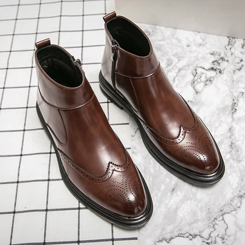Мужские ботинки из искусственной кожи с высоким вырезом, однотонная боковая молния с резьбой, классическая удобная деловая официальная обувь  4