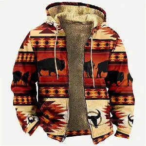 Мужские зимние винтажные парки с длинным рукавом в племенном стиле с 3D принтом быка, теплая куртка для мужчин/женщин, плотная одежда, уличная одежда  10