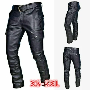 Мужские кожаные мотоциклетные брюки с карманами-карго, черные, Брюки из искусственной кожи без ремня, Мужские брюки большого размера S-5XL  5