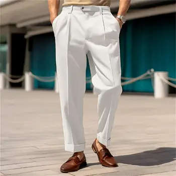 Мужские костюмные брюки со средней талией, мужские брюки, прямые Широкие мужские брюки, официальные деловые брюки, мужские офисные брюки длиной до щиколотки  5