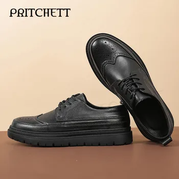 Мужские черные туфли на платформе со шнуровкой из мягкой воловьей кожи, удобная деловая повседневная мужская обувь, модная и универсальная обувь  4