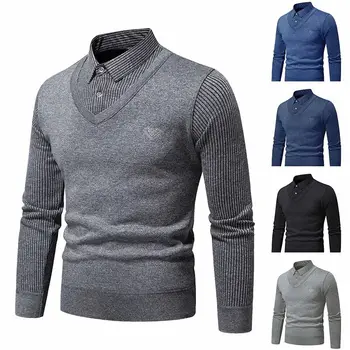 Мужской осенне Зимний поддельный свитер из двух частей, Мужская Корейская рубашка С воротником, деловой Повседневный Тонкий вязаный свитер из плотного флиса, пуловер  5