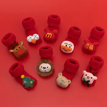 Мультяшные детские носки для детей, девочек и мальчиков, нескользящие Мягкие хлопковые рождественские носки для новорожденных, красные короткие носки для младенцев  5