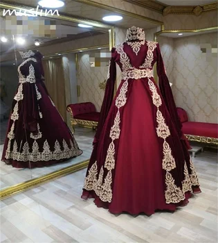 Муслима Бордовая Абайя, Марокканское вечернее платье с золотыми аппликациями 2024 года, турецкое платье для выпускного вечера трапециевидной формы с длинным рукавом, бархатное национальное вечернее платье  10