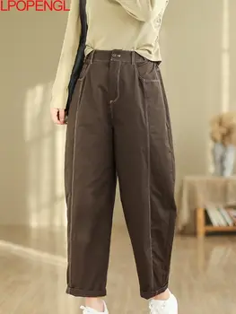 Новая женская однотонная осенняя простая универсальная уличная одежда с высокой талией, свободный карман на пуговицах, Прямые брюки большого размера длиной до щиколоток  5