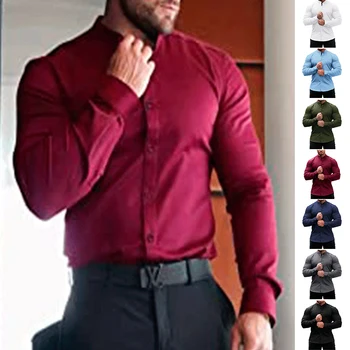Новая осенне-зимняя мужская деловая повседневная рубашка elastic force без железа с длинными рукавами, однотонная мерсеризованная вертикальная рубашка  10