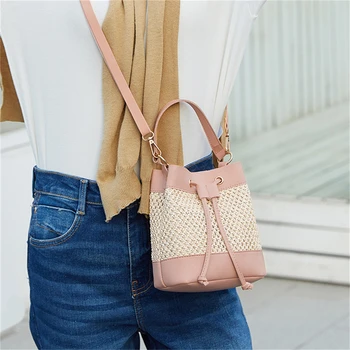 Новая сумка через плечо, вместительная сумка в форме ведра с завязками ярких цветов, модная плетеная соломенная сумка для поездок на работу в девичьем стиле  5