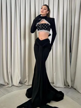 Новинка 2023 года, женское сексуальное облегающее платье в пол с длинным рукавом черного цвета, Модное элегантное вечернее платье с бисером  3