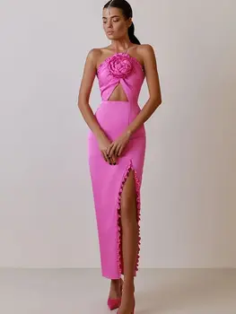 Новое женское знаменитое сексуальное розовое атласное платье с цветочным рисунком на бретелях 2023 Элегантное длинное вечернее платье для вечеринки в клубе на день рождения  3