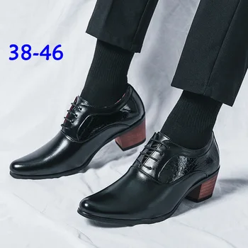Новое поступление, Мужская черная кожаная обувь на высоком каблуке, Большой размер 46, модельные туфли с острым носком, мужские оксфорды, Zapatos De Vestir  5