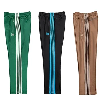 Новые брюки Awge Needles Для мужчин и женщин, брюки в коричневую полоску, высокие уличные брюки, оранжевые вышитые брюки-бабочки в стиле хип-хоп  5