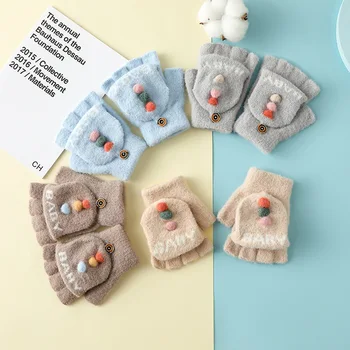 Новые детские перчатки зимние теплые дорожные холодные корейской версии с милым мультяшным флипом, вязаные на полпальца  5