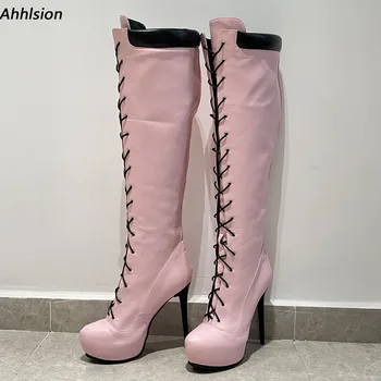 Новые женские зимние сапоги выше колена ручной работы на шнуровке, сексуальные туфли на шпильке с круглым носком, красивые розовые вечерние туфли, женские размеры США 5-20  5