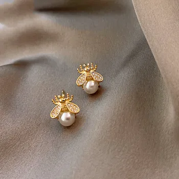 Новые женские серьги-гвоздики с кристаллами и жемчугом во французском стиле в стиле ретро, изысканные маленькие серьги-пчелки, модные украшения, подарок от Mujer Boucle D'oreille  3