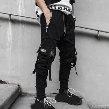 Новые мужские уличные брюки-карго с карманами на молнии и завязками с буквенным принтом, рабочие брюки-карго в стиле хип-хоп, уличная одежда  5