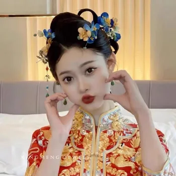 Новый китайский бархатный головной убор в китайском стиле, заколка с хрустальной кисточкой, свадебные аксессуары для волос  5
