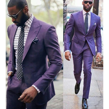 Новый мужской костюм, модный блейзер с отворотом и двумя пуговицами, деловой Формальный смокинг, фиолетовый свадебный костюм для мужчин, повседневная приталенная посадка, 2 шт.  5