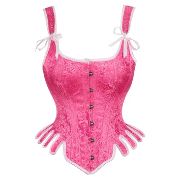 Новый ретро-стимпанк, готический корсет Overbust, женские утягивающие сексуальные розовые бюстье, топ, жаккардовый облегающий жилет, женское белье для коррекции фигуры  4