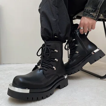 Обувь Дерби с металлическим дизайном, мужские ботильоны на платформе, мужские мотоциклетные ботинки в стиле панк, повседневная обувь на шнуровке, пары Botas Mujer  3